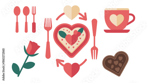 Valentine's Day Icon Set: An assortment of endearing symbols, including hearts, a rose, and utensils, come together in this adorable illustration. This image embodies affection and warmth.