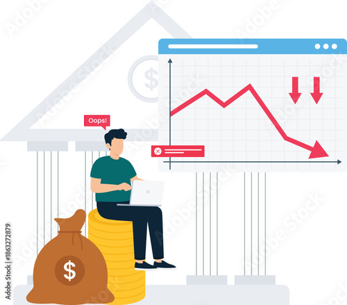 Sitting man watching financial crisis chart showing market crash and investment failure, representing economic recession, business loss, and money problems near dollar sign bank building