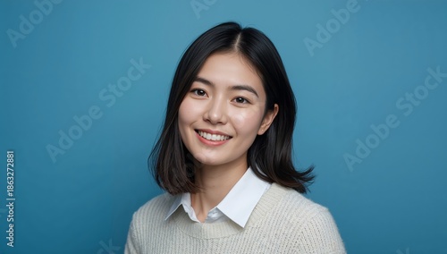Smiling Woman With Dark Hair in a Light Sweater Against a Blue Background