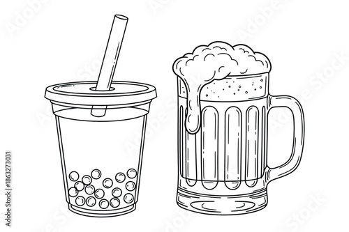 Bubble tea and beer mug line art illustration of popular drinks