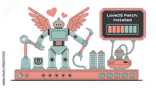 Robotic Cupid Patching LoveOS: A whimsical illustration features a robotic cupid, complete with wings and a bow and arrow, amidst a network of digital components and a loading bar.