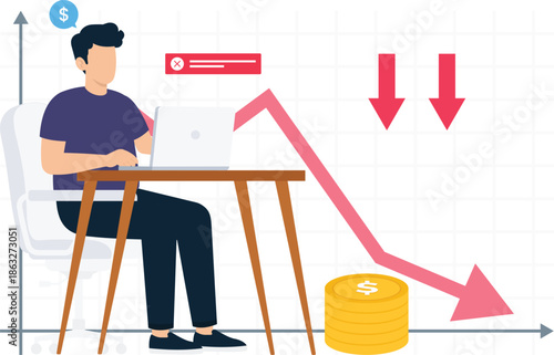Businessman working financial loss market crash business failure revenue decline economic recession downward trend stock market data analysis budget deficit remote working