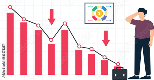 Downtrend graph showing financial crisis and business loss with worried businessman standing next to declining sales chart data visualization economic recession concept