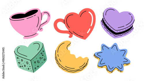 Sweet Treats & Heartfelt Delights: An array of colorful shapes and illustrations of a teacup and desserts, capturing the essence of love and sweet indulgences.