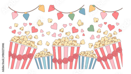 Popcorn and Hearts: A festive illustration of overflowing popcorn boxes and heart-shaped confetti, perfect for celebrations, movies, and lighthearted events. 