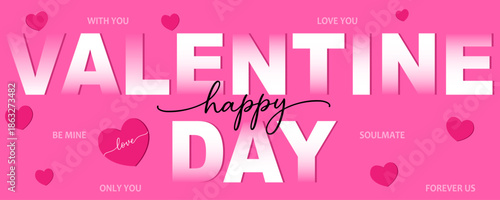 Happy Valentine's Day editable vector banner design with romantic hearts and typography on pink background