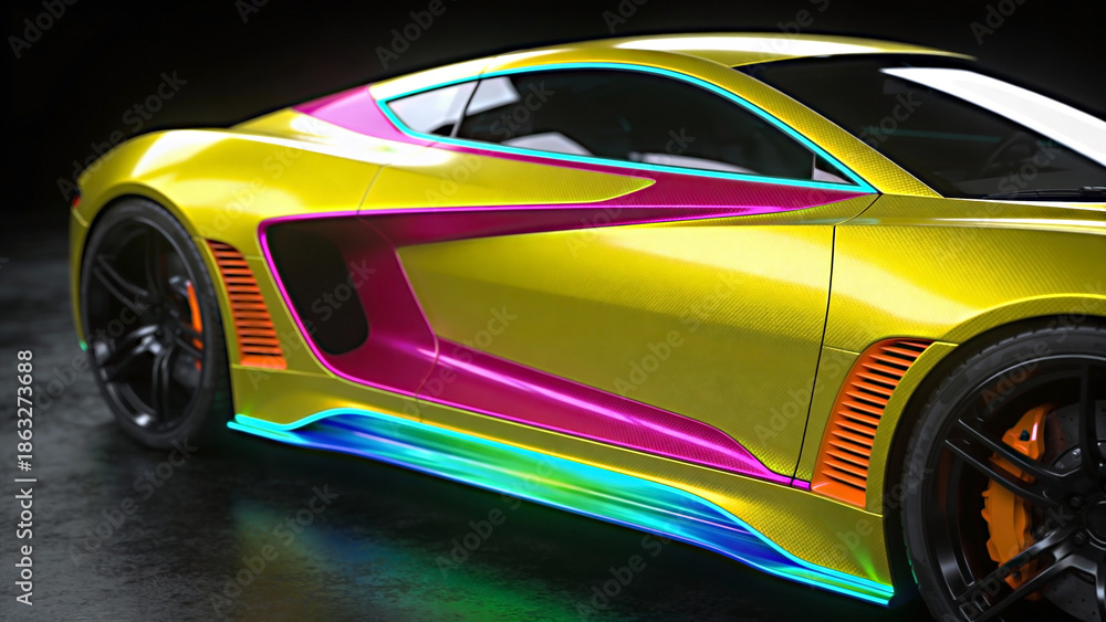 Fototapeta premium A vibrant yellow futuristic sports car with carbon fiber texture, bold pink side accents, and glowing rainbow neon underglow lights in a dark studio setting
