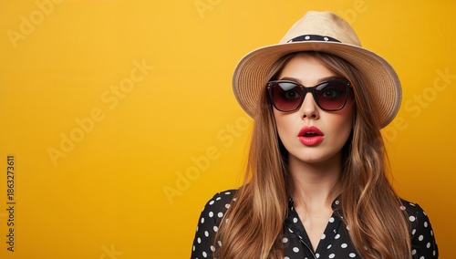 Young Woman With Hat and Sunglasses Posed Against Yellow Background