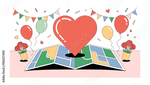 Love's Destination: An illustrated depiction of love's journey, symbolized by a heart marking the location on a map, adorned with festive decorations and a touch of romance.