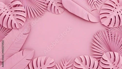 Pink background with tropical leaves border design