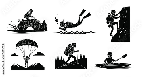 Diverse outdoor adventure activities illustrated in a black and white graphic style