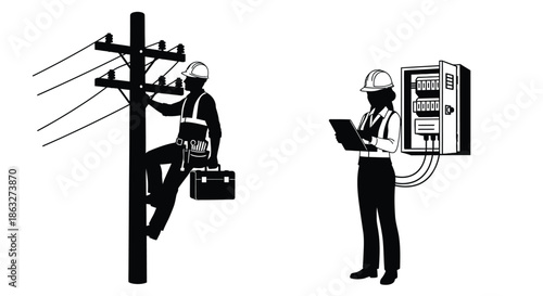 Electrical workers performing maintenance on power lines and electrical equipment