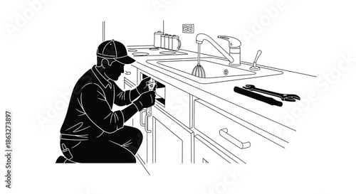 A plumber is working on the pipes under a kitchen sink