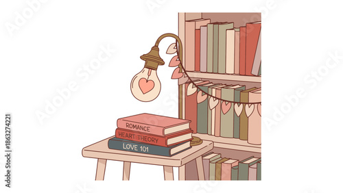 Cozy Library Corner: A stack of romance books sits on a stool, illuminated by a heart-shaped light against a backdrop of a bookshelf.