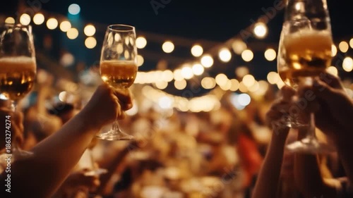 Celebration with champagne flutes raised in a toast. People are blurry in the background at night, lit by string lights