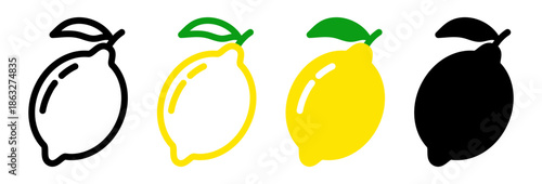 Lemon icon set in black and white and colored outline style. Flat vector illustration lemon and solid silhouette versions. Clean graphic symbols isolated..