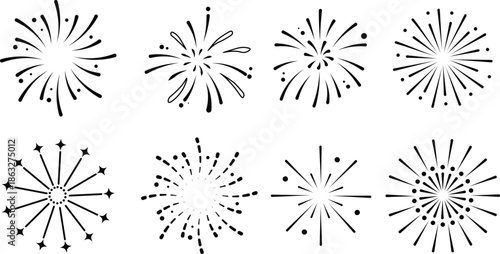 Festive firework icons hand drawn starbursts and firecrackers for holiday and party design