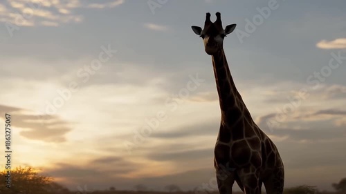 Giraffe walks in the wild at sunset in Africa
