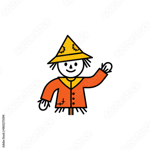 Scarecrow Cartoon Character Wearing Orange Jacket.