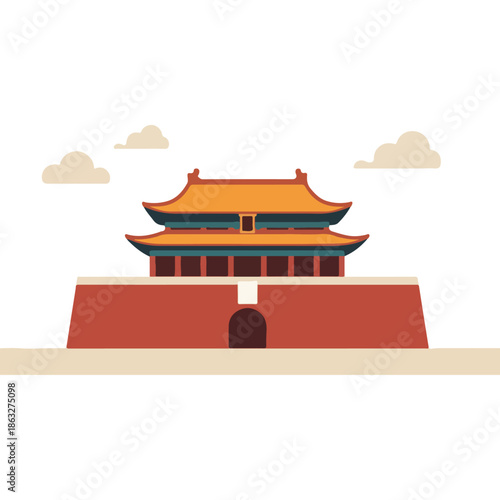 Traditional Chinese Pagoda Style Building Illustration.