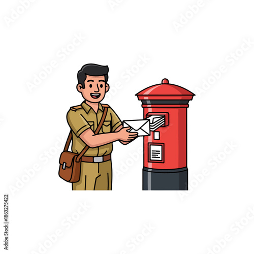 Postman Delivering Letter to Mailbox.