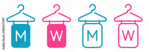 Set of male and female changing room icons with colored outlines of hangers and letters M and W. Line style vector symbols representing wardrobe or cloakroom facilities.