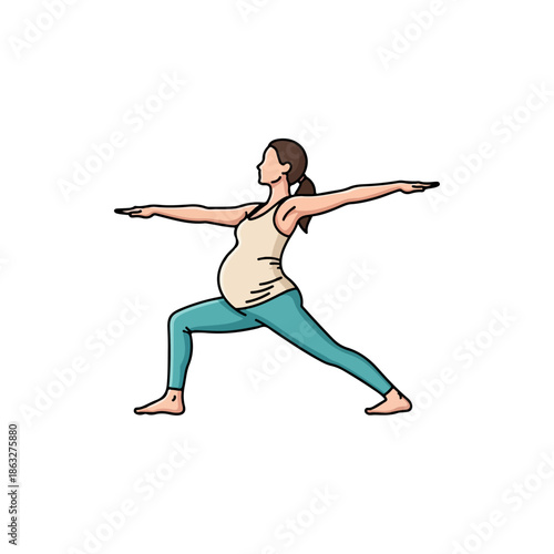Pregnant Woman Practicing Yoga Warrior Pose.