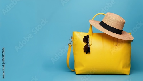 Yellow Bag, Straw Hat, and Sunglasses on Blue Background for Summer Style