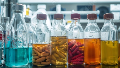 Laboratory Setup With Multiple Vials Containing Colored Liquids During a Scie...