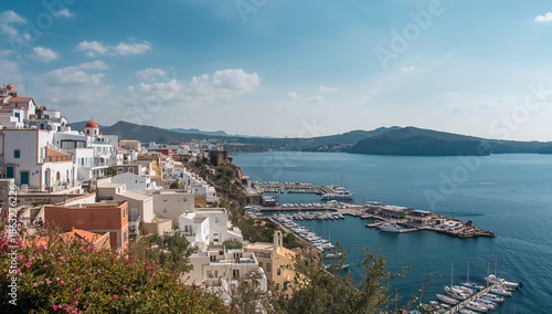 View of a Coastal Town With a Marina and Mountains in the Background During t...