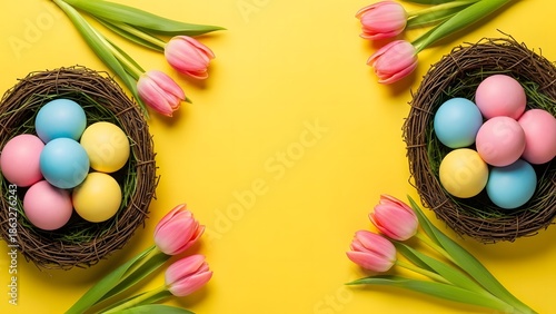 Easter eggs in bird nests with tulips on yellow background