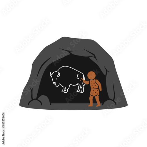 Caveman Drawing Buffalo on Cave Wall Prehistoric Art.