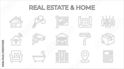 Real Estate and Home Icons Set. Vector property line symbols including house, keys, sold sign, blueprint and smart home security devices.