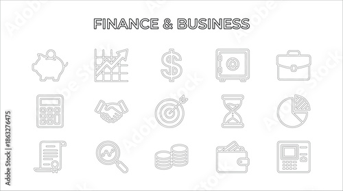 Finance and Business Icons Set. Vector line art collection of banking, investment, money management and economic symbols like piggy bank and calculator.