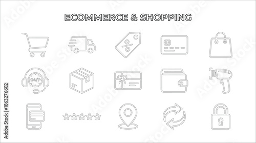 Ecommerce and Shopping Icons Set. Vector retail line symbols including shopping cart, delivery truck, discount tag, credit card and barcode scanner.