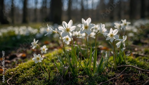 White Flowers Bloom on the Forest Floor During Springtime With Sunlight Filte...