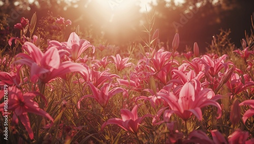 Pink Flowers Bloom Under the Sunset in a Field Located Outdoors in the Evenin...