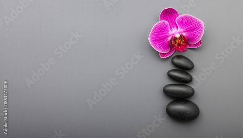 Black Stones Stacked With a Purple Orchid on a Gray Background for Relaxation...
