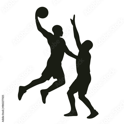 Player dunking over opponent silhouette