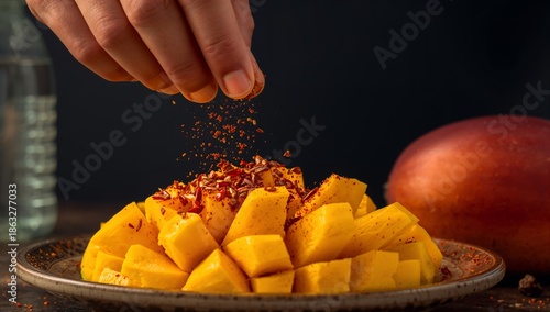 Fresh Mango Pieces Topped With Spice Blend on a Plate in Kitchen Setting