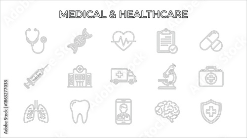 Medical and Healthcare Icons Set. Vector line art collection of hospital symbols including stethoscope, DNA, heart rate, syringe and ambulance.