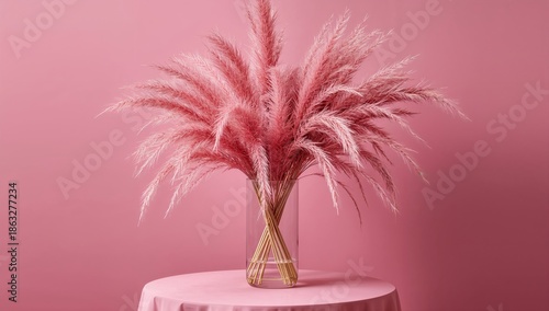Pampas Grass Arrangement in a Glass Vase on a Pink Surface