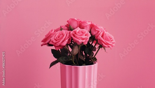 Bouquet of Pink Roses in a Pale Pink Vase on a Pink Background