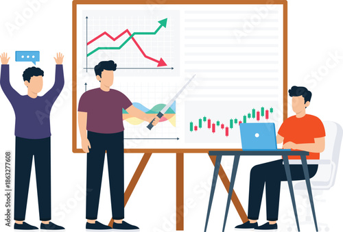 Business presentation team meeting financial analysis data visualization market trends corporate strategy group discussion office teamwork stock trading digital marketing flat design growth chart