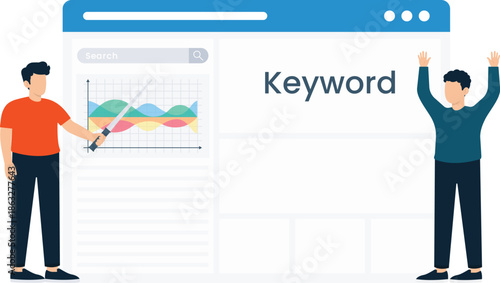 Digital marketing keyword research search engine optimization data analysis business strategy web development online advertising success achievement flat design two people business meeting