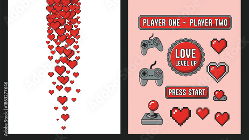 Pixel art video game controllers and hearts on pink background