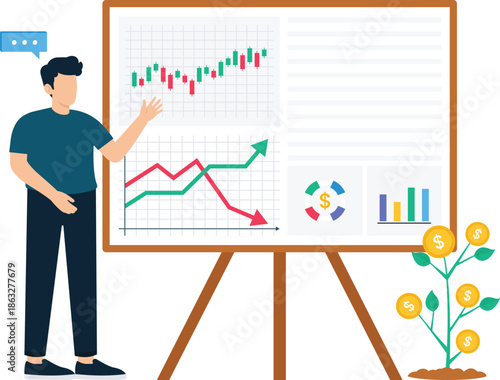 Male presenter financial analysis business growth stock market investment strategy data visualization money tree economic forecast trading chart presentation board corporate finance