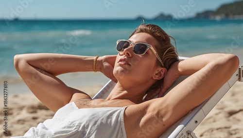 Woman Relaxing on a Beach Chair Under the Sun by the Ocean During Midday