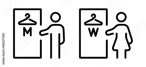 Mens and womens changing rooms line icons with outline symbols. Vector illustration for public facilities, locker rooms.