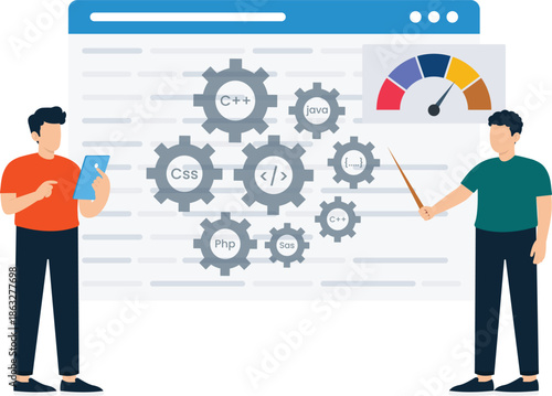 Software development coding languages system configuration technical meeting digital technology flat design two developers performance analysis project management agile methodology modern illustration